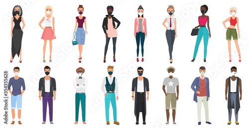 People in stylish fashion casual clothes wearing face masks to prevent disease. Novel coronavirus pandemic 2019-nCoV, COVID-19. Man woman in new style medical face mask protection vector illustration.