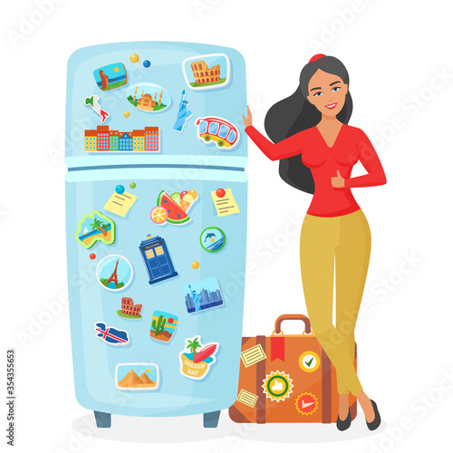 Traveler young pretty woman showing fridge with souvenir famous places magnets flat vector illustration. Travel agency concept.