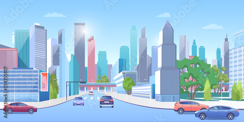 City downtown in summer vector illustration. Cartoon 3d urban sunny panoramic cityscape, cars on street road, modern town architecture and green trees, billboards on building skyscrapers background