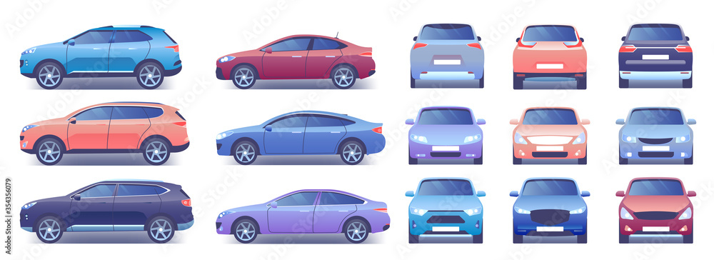 Modern car vector illustration set. Cartoon flat side front back view collection with colorful car and closed trunk, compact city crossover, passenger sedan car, transport mockup template isolated set Modern car vector illustration set. Cartoon flat side front back view collection with colorful car and closed trunk, compact city crossover, passenger sedan car, transport mockup template isolated set
