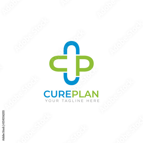 cureplan logo, creative cross healt with letter c and p vector