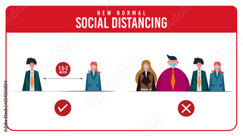 Social distancing. Keep the 1-2 meter distance. Coronovirus epidemic protective,Office worker character wearing surgical or medical face mask maintain social distancing,Vector illustration