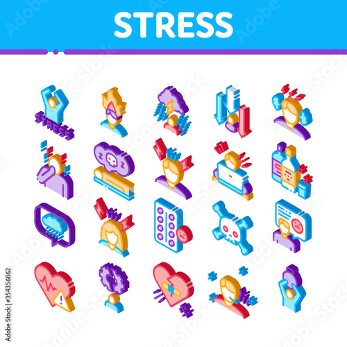 Stress And Depression Icons Set Vector. Isometric Anti Stress Pills And Alcoholic Drink Bottle  Angry Human And With Burning Head Illustrations