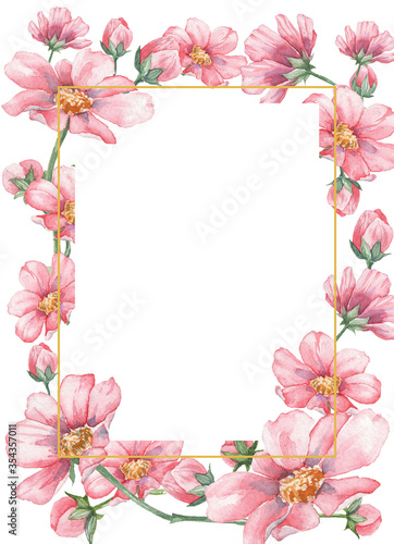 Card template with copy space made with watercolor hand painted botanical pink flowers © Daria Doroshchuk