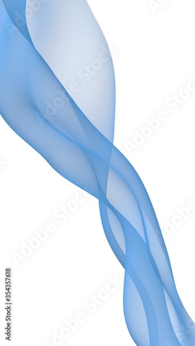 Abstract blue wave. Blue scarf. Bright blue ribbon on white background. Abstract smoke. Raster air background. Vertical image orientation. 3D illustration