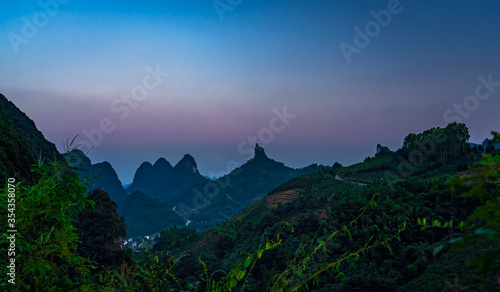 Xianggong Hill viewpoint view of Yangshuo landscape at dusk