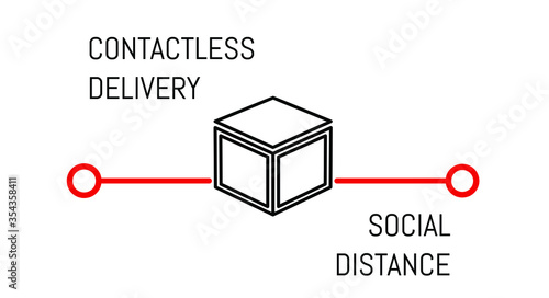 Vector illustration of contactless delivery and maintaining social distance. Line drawing. Box on the way from seller to buyer. Captions: contactless delivery and social distance.