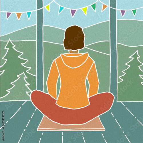 Colorful hand drawn vector illustration with texture in line art style. Woman is practicing meditation sitting in Siddhasana on a yoga mat on the terrace of mountain hut. 