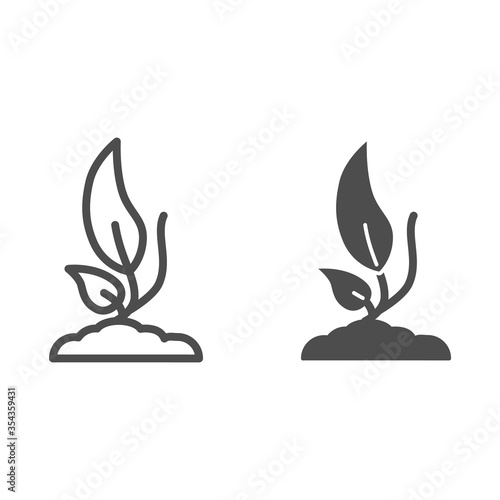 Plant sprouting from ground line and solid icon, ecology concept, seedling germinates sign on white background, small sprout with two leaves icon in outline style for mobile and web. Vector graphics.