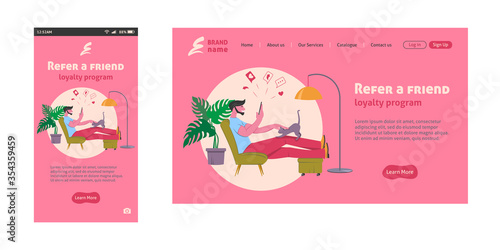 Referral marketing landing page, refer a friend loyalty program, social media promotion.