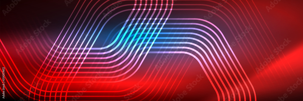 Obraz premium Błyszczące linie neonowe, paski i fale, technologia streszczenie tło. Modny abstrakcyjny szablon do prezentacji biznesowej lub technologicznej, plakat internetowy lub okładka broszury internetowej, tapeta