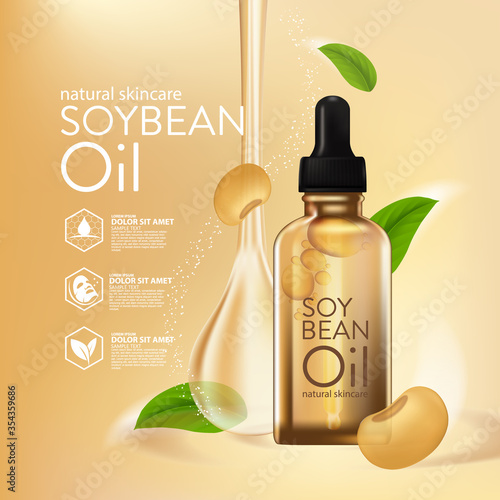Soybeans Oil serum Natural Skin Care Cosmetic. Moisture Essence vector Illustration.