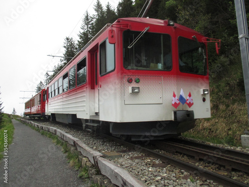 A train makes it's way down Mt. Rigi, Lucerne, Switzerland