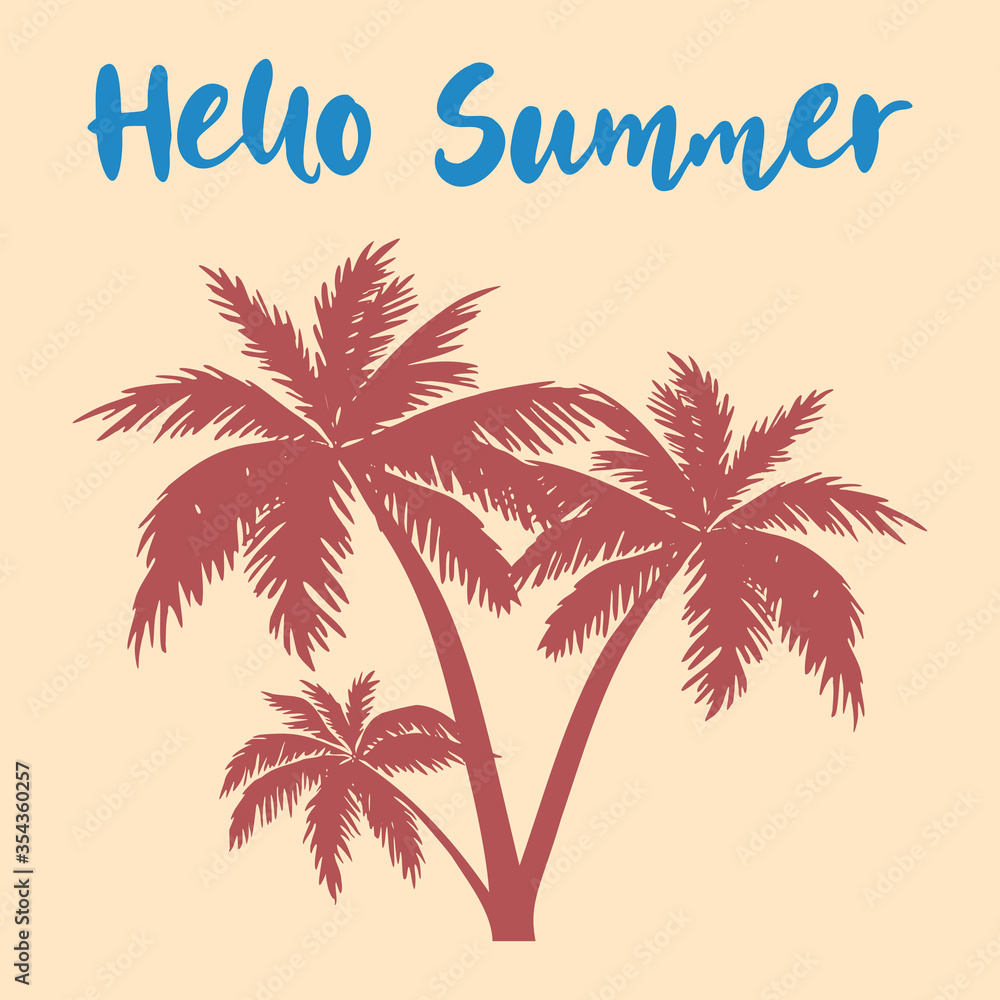 Hello summer! Summer vector illustration with hand lettering. Template badge, sticker, banner, greeting card or label.