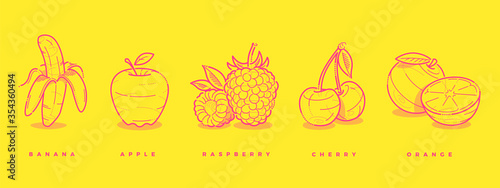 Modern outline linear web icon set. Fruits and berries dots thin bold line. Food icons for logo  illustration  poster  UX  UI  creation. Creative banana  apple  raspberry  cherry  orange.