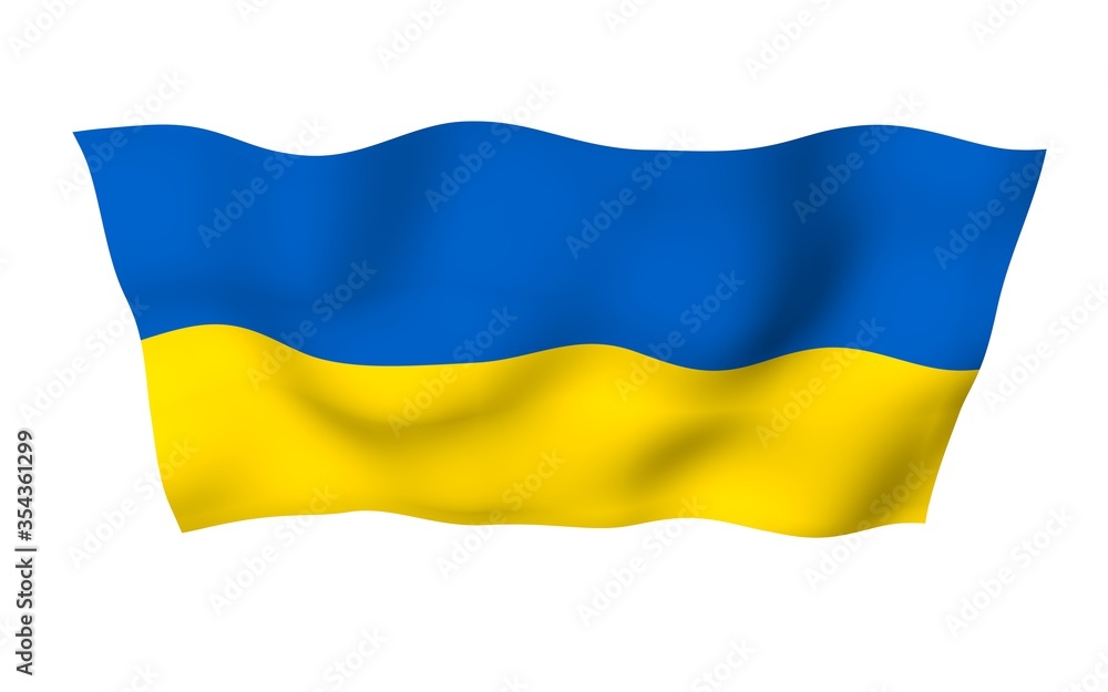 The flag of Ukraine on a white background. National flag and state ensign. Blue and yellow bicolour. 3D illustration waving flag The flag of Ukraine on a white background. National flag and state ensign. Blue and yellow bicolour. 3D illustration waving flag