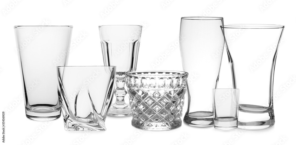 Set of empty glasses on white background. Banner design Set of empty glasses on white background. Banner design