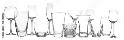 Set of empty glasses on white background. Banner design photo