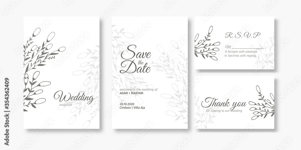 wedding invitation cover card set with beauty berry and floral flower abstract doodle hand drawn style ornament decoration background mockup elegant template vector illustration vintage frame