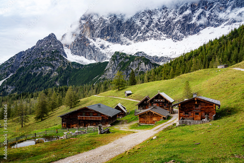 Alpine mountain scenery with traditional wooden farm houses in summer, Styria, Austria