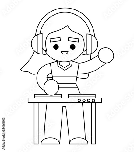 Coloring book, DJ girl in headphones and mixing console