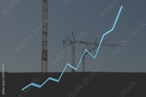 construction cranes behind a wall as background, graph with increasing figures