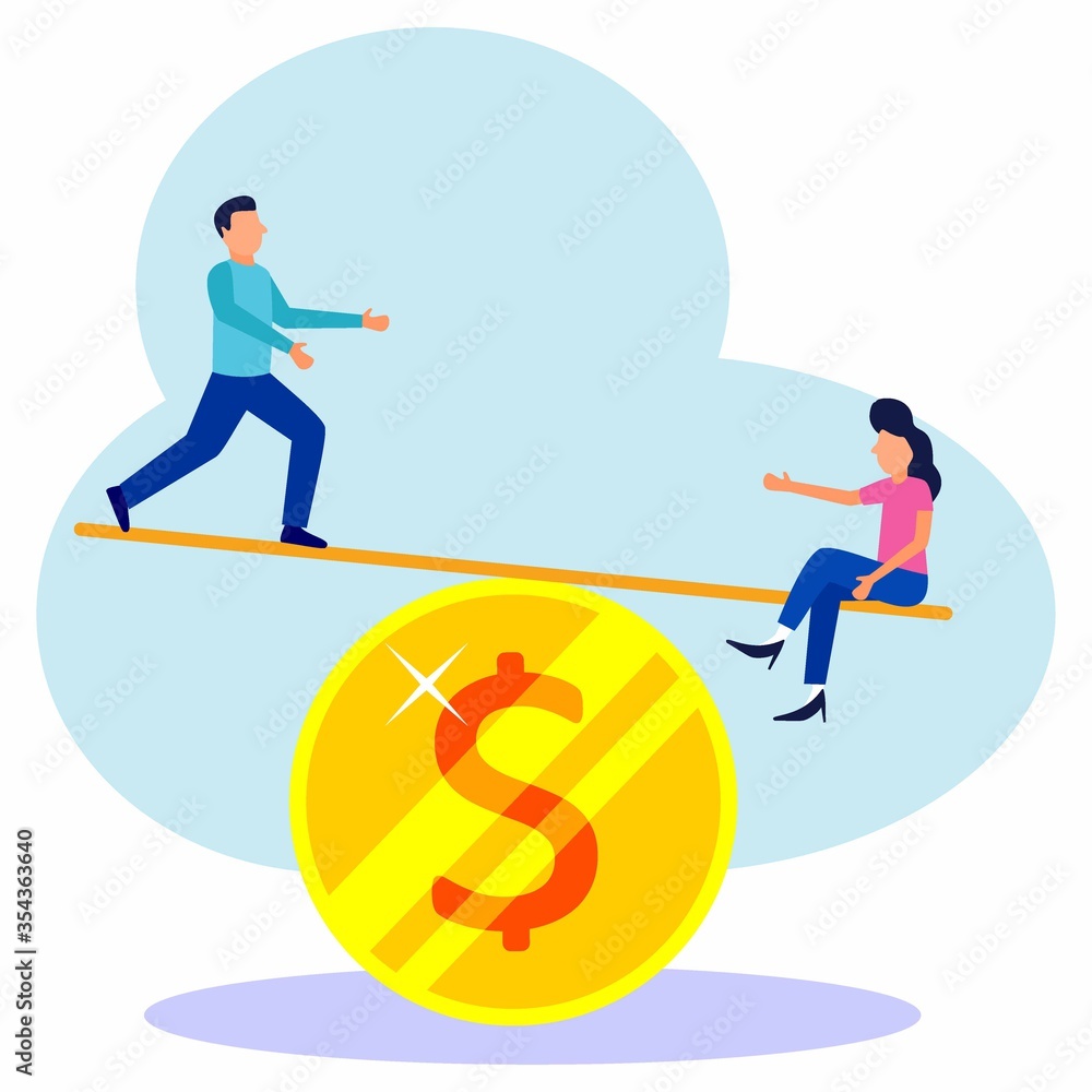 A vector illustration of 2 entrepreneurs who use coins as a swinging swing and exceed that, the concept of being overweight, value, purchasing.