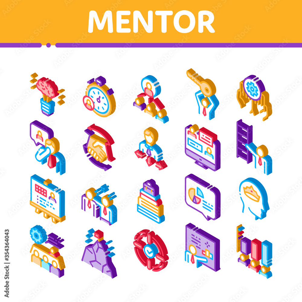 Mentor Relationship Icons Set Vector. Isometric Human Holding Key And Gear, Stopwatch And Mountain With Flag, Mentor Illustrations
