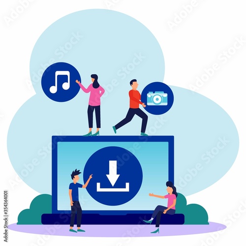 Download landing page templates for free. Background with upload marks on the laptop screen. Download torrent data from the server. File transfer and share banner concepts. Modern vector illustration.