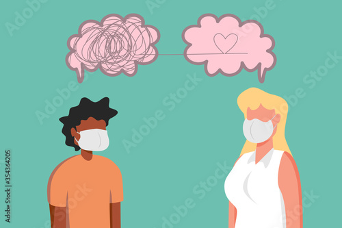 Psychologist woman and young man wear face mask and patient in therapy session. Treatment of stress, addictions and mental problems.