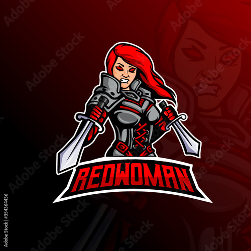 Red Woman mascot esport logo with swords. Knight Woman esport logo on red background. Angry Warrior Woman for esport gaming team.