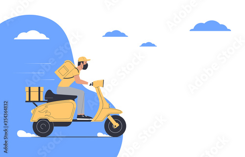 Coronavirus, quarantine delivery concept. Courier in medical mask on a motorcycle. Express delivery. © vpif