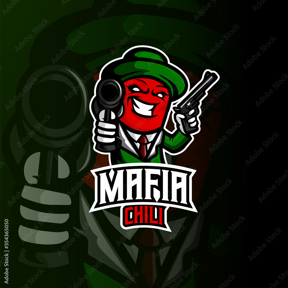Mafia mascot esport logo design on blue background. Chili cartoon character with guns.