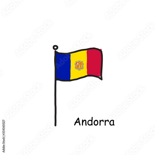 hand drawn sketchy Andorra flag on the flag pole. three color flag . Stock Vector illustration isolated on white background. photo