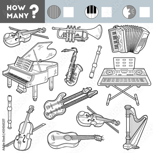 Counting Game for Children. Educational a mathematical game. Count how many musical instrument and write the result!