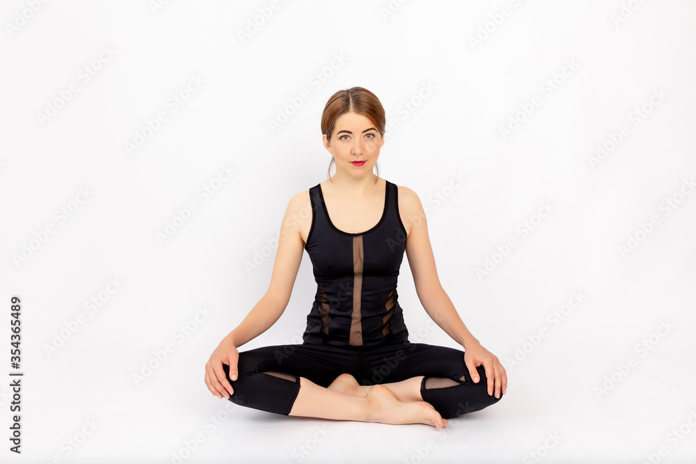 girl resting after sports on a white background, healthy lifestyle, weight loss, space for text girl resting after sports on a white background, healthy lifestyle, weight loss, space for text