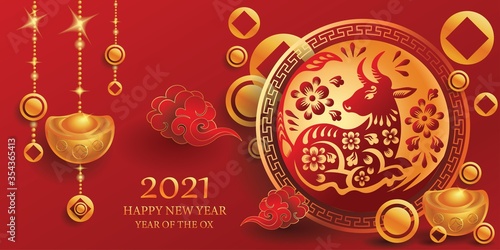 Happy new year 2021 / Chinese new year / Year of the ox / Zodiac sign for greetings card, invitation, posters, brochure, calendar, flyers, banners.