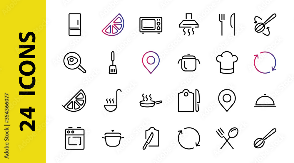 Fototapeta premium Set of cooking and kitchen icons, Vector lines, contains icons such as frying pan, frying, microwave, fork with spoon, Editable stroke, perfect 480x480 pixels, white background.