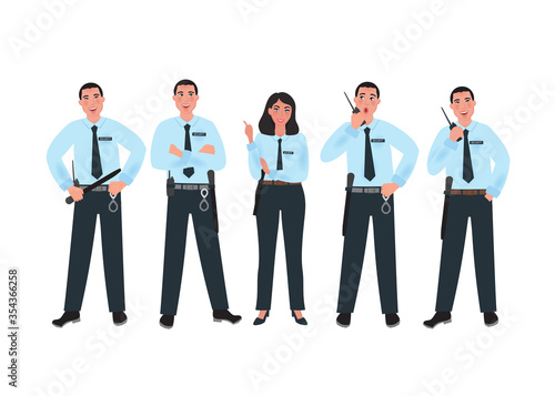 Set of security man in different poses and emotions on white background. Worker of police. Vector illustration