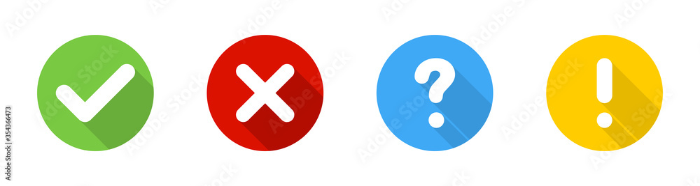 Check mark and cross with question and exclamation signs, isolated. Signs collection in circle with shadow in flat design. Vector illustration Check mark and cross with question and exclamation signs, isolated. Signs collection in circle with shadow in flat design. Vector illustration