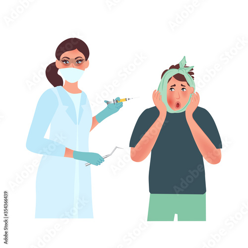 A dental surgeon gives an antibiotic injection to a patient with flux. The patient has an abscess or purulent inflammation of the gums. Treatment gums flux vector illustration