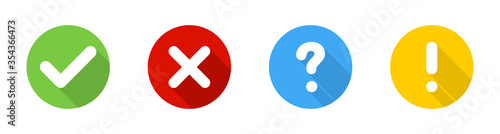 Check mark and cross with question and exclamation signs, isolated. Signs collection in circle with shadow in flat design. Vector illustration