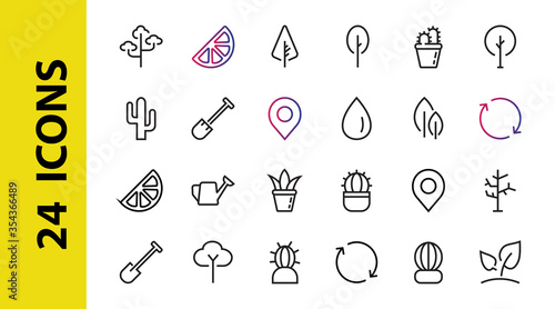 A set of Rosteniya Icons, and garden care, Vector illustration, Contains Icons such as tree, cactus, watering can, spade, flower and much more. on a white background, editable bar 480x480