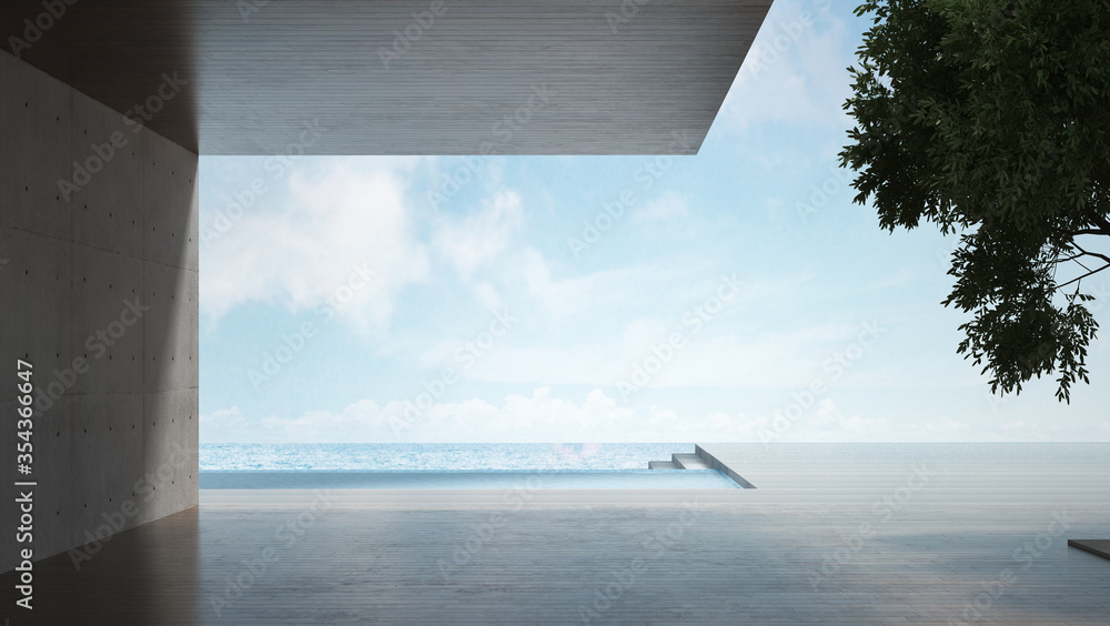 Obraz premium The interior design of modern outdoor space living room and concrete wall background and seascape view