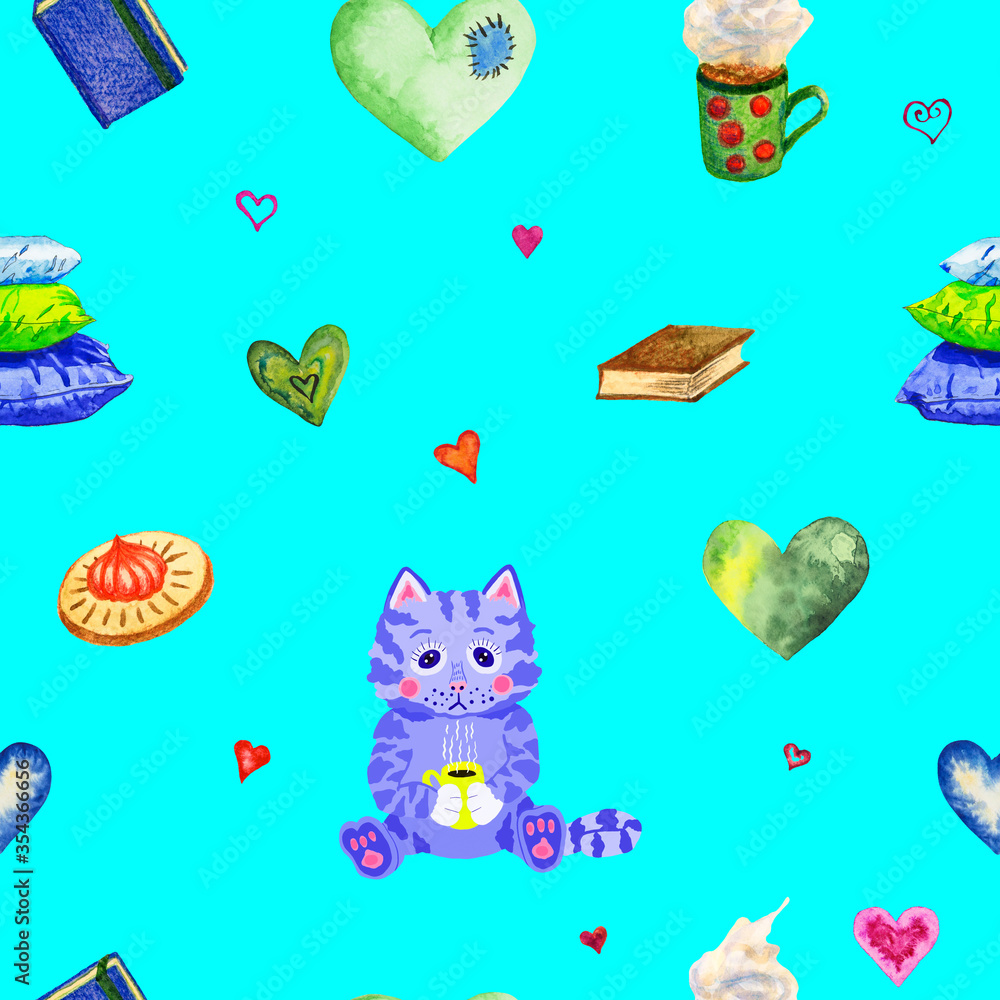 A blue kitten drinking tea at home with books, cookies, hearts, pillows on mint background