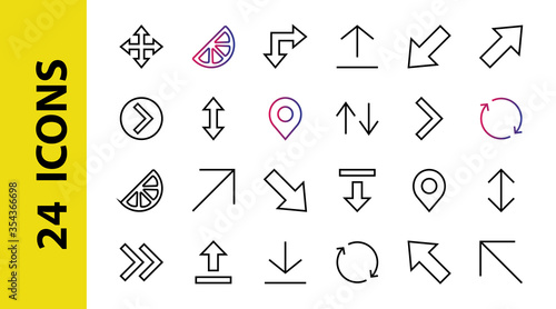 Set of line arrows, directions, arrows, contains icons such as pause, continuation, directly, to the right, Editable stroke. 480x480, On a white background, Vector illustration
