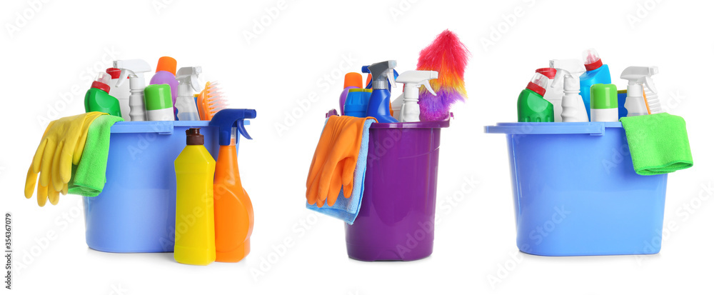 Buckets with cleaning supplies on white background. Banner design