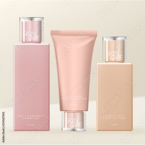Vector Toiletries, Skin Care or Beauty Dual Layers Transparent Cap Bottle & Tube Packaging, Nude Colors.