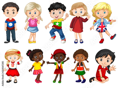 Happy Cartoon Kids Collection. Multicultural children in different positions isolated on white background