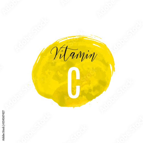 Vitamin C watercolor logo. Yellow ink splash, brush stroke, spot with hand drawn lettering icon, vector illustration. Meds for heath ads, treatment cold flu fresh concept. Modern calligraphy badge.
